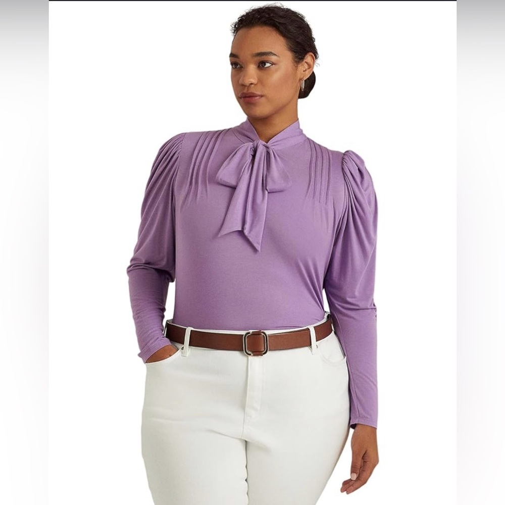 LAUREN Ralph Lauren Plus Size Pleated Jersey Tie Neck Top